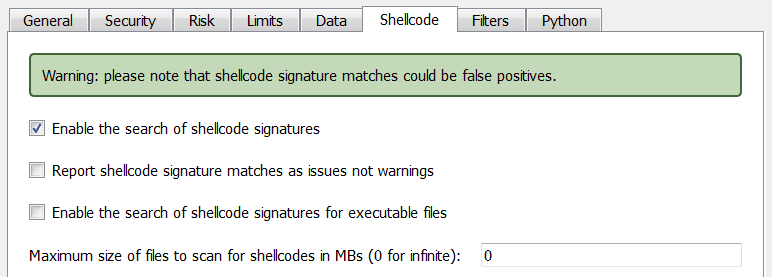 Shellcodes scan options